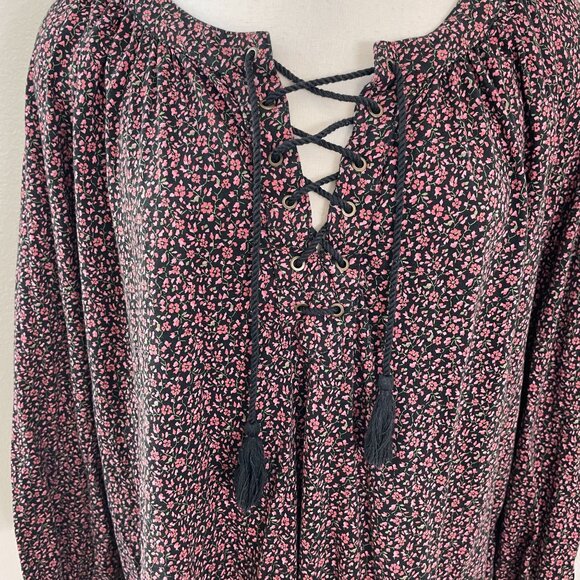 Chaps Womens Plus XXL Floral Lace Up Tassel Peasant Top Boho Blouse Shirt - Picture 3 of 9